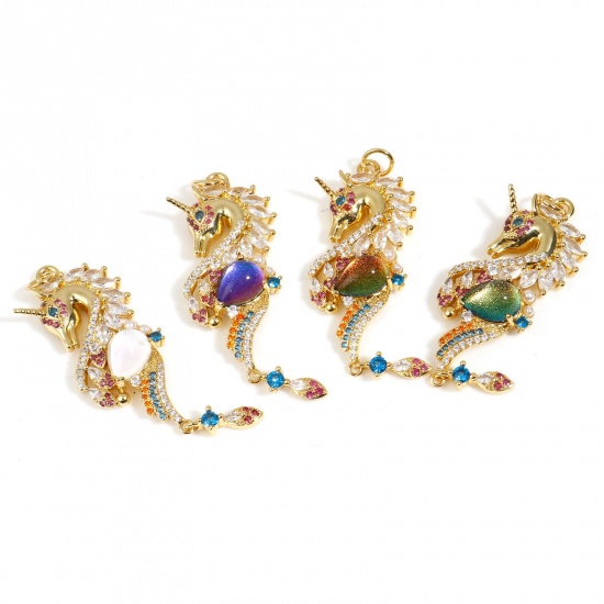 Picture of Copper Ocean Jewelry Pendants Gold Plated Seahorse Animal Micro Pave Multicolor Rhinestone 5cm x 1.6cm