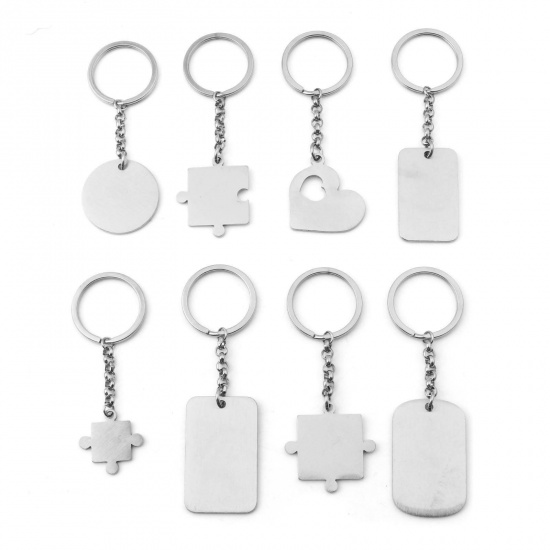 Picture of 304 Stainless Steel Keychain & Keyring Silver Tone Geometric Blank Stamping Tags Two Sides 1 Piece