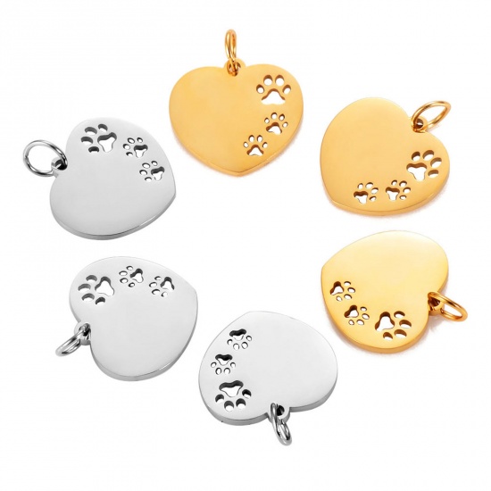 Picture of Stainless Steel Pet Memorial Charms Multicolor Heart Paw Claw Hollow 23mm x 18mm, 1 Piece