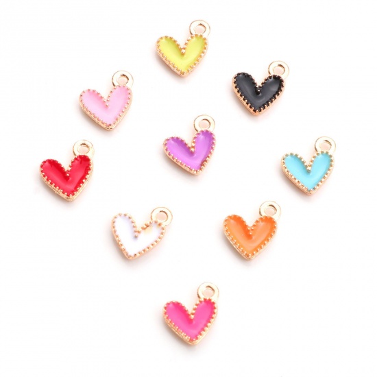 Picture of Zinc Based Alloy Valentine's Day Charms Heart Gold Plated Multicolor Enamel 9mm x 8mm, 20 PCs