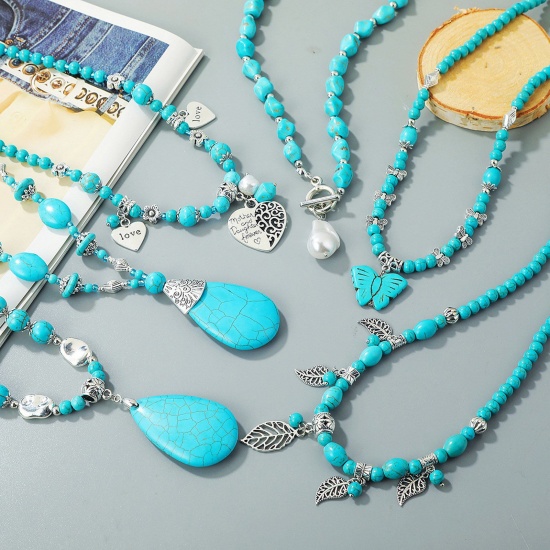 Picture of Turquoise (Imitated) Boho Chic Bohemia Beaded Necklace Antique Silver Color Blue Drop Butterfly