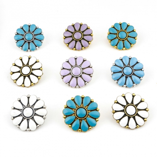 Immagine di Zinc Based Alloy Boho Chic Bohemia Metal Sewing Shank Buttons Buttons Single Hole Flower Leaves Multicolor With Resin Cabochons Imitation Turquoise 3cm x 3cm, 2 PCs