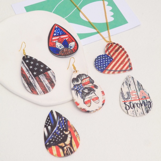 Picture of PU Leather American Independence Day Pendants Multicolor National Flag 5.6cm x 3.8cm, 5 PCs