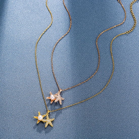 Picture of Titanium Steel Ocean Jewelry Necklace Multicolor Star Fish Clear Rhinestone 40cm(15 6/8") long, 1 Piece
