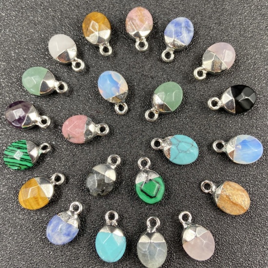 Picture of Stone ( Natural ) Charms Silver Tone Multicolor Oval Faceted 14mm x 8mm, 1 Piece