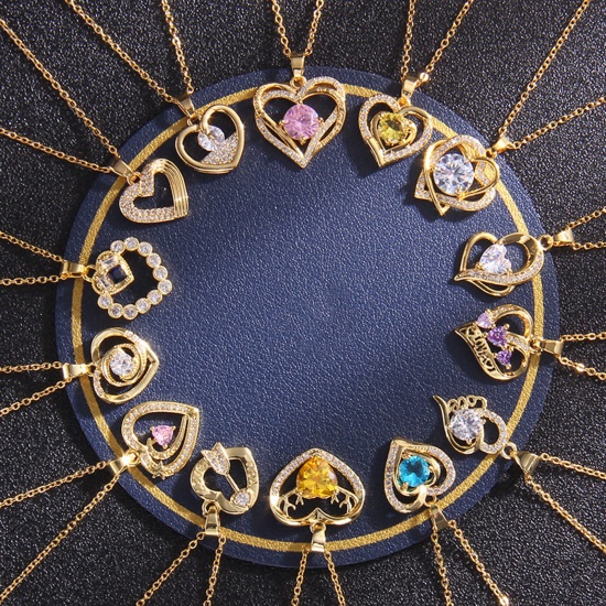 Bild von Valentinstag-Halskette aus Edelstahl und Kupfer, vergoldetes Herz, mehrfarbig, Zirkonia, 40 cm lang