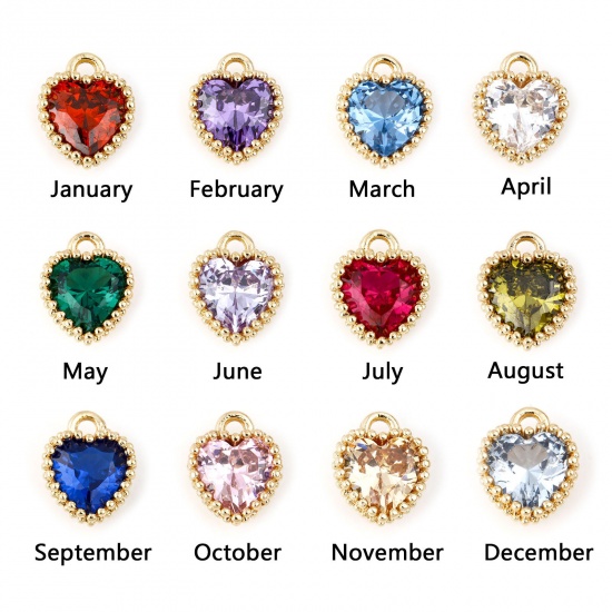 Picture of Copper Birthstone Charms Heart Real Gold Plated Multicolour Cubic Zirconia 8mm x 6mm