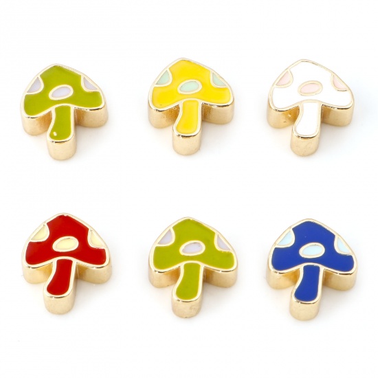Picture of Copper Flora Collection Beads Real Gold Plated Multicolor Mushroom Enamel About 10mm x 10mm, Hole: Approx 2.2x1.2mm, 2 PCs