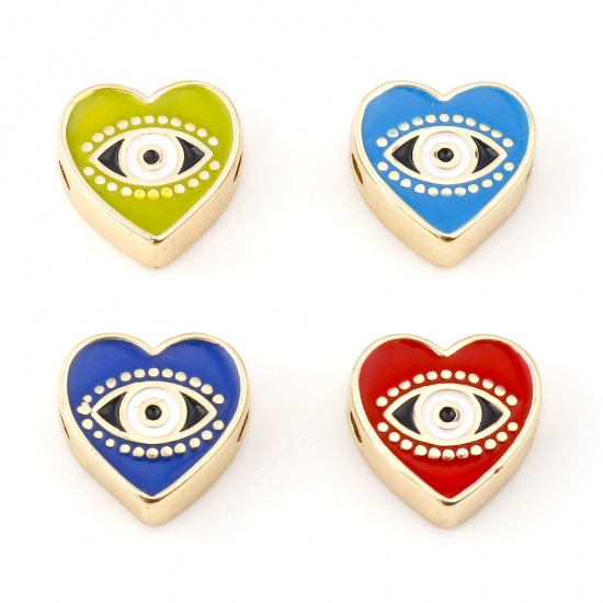 Picture of Copper Valentine's Day Beads Real Gold Plated Multicolor Heart Evil Eye Enamel About 11mm x 11mm, Hole: Approx 1.5x1.2mm, 2 PCs