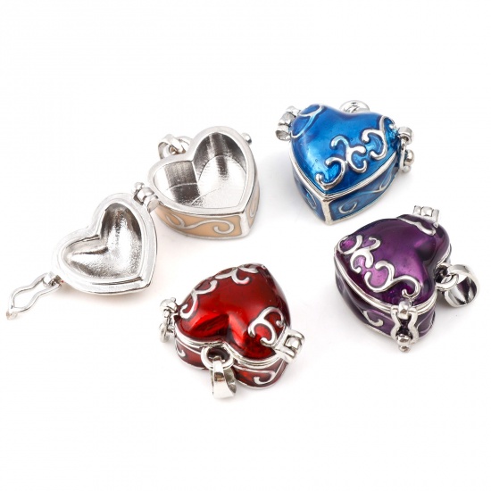 Picture of Copper Charms Mexican Angel Caller Bola Harmony Ball Wish Box Locket Heart Carved Pattern Silver Tone Multicolor Enamel Can Open 25mm x 21mm, 1 Piece