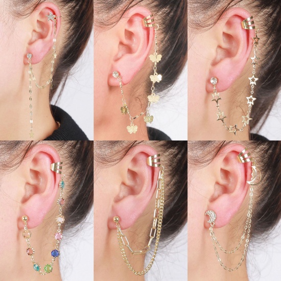 Picture of Stylish Ear Climbers/ Ear Crawlers Link Chain Gold Plated Clear Rhinestone