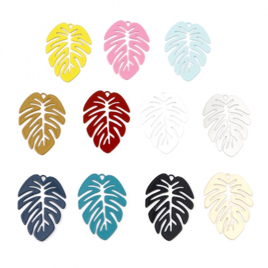 Picture of Iron Based Alloy Filigree Stamping Charms Multicolor Monstera Leaf Painted 28mm x 20mm, 20 PCs