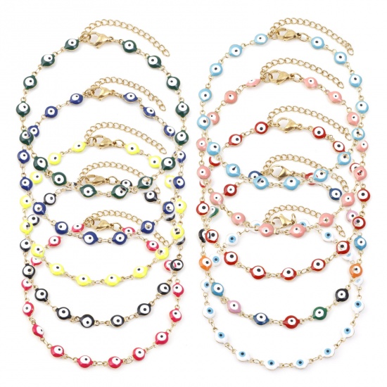 Picture of 304 Stainless Steel Religious Anklet Gold Plated Multicolor Enamel Evil Eye 22.5cm(8 7/8") long