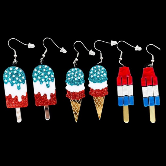 Picture of Acrylic American Independence Day Ear Wire Hook Earrings Silver Tone Multicolor Flag Of The United States
