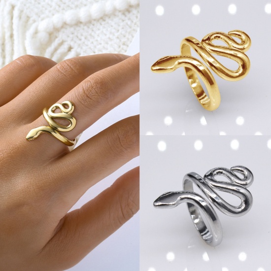 Picture of Stainless Steel Punk Open Adjustable Rings Multicolor Snake Animal