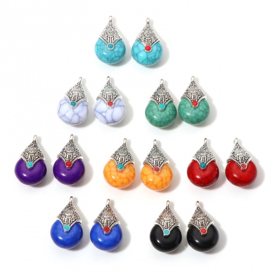 Picture of Zinc Based Alloy & Resin Boho Chic Bohemia Charms Antique Silver Color Multicolor Drop Imitation Turquoise 28mm x 16mm