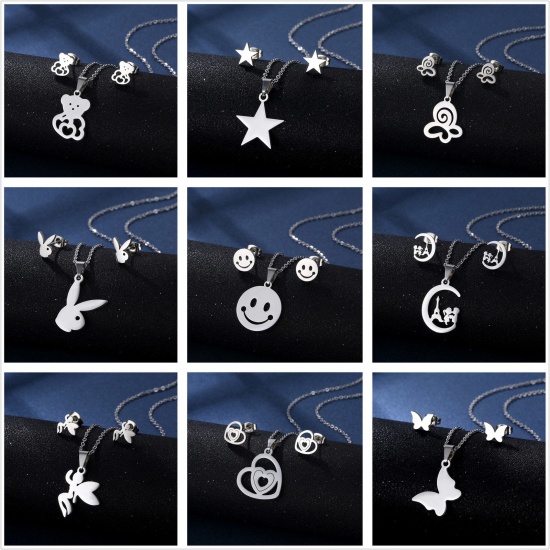 Bild von Edelstahl Ins Stil Schmuck Halskette Ohrringe Set Silberfarbe Hohl 1 Set