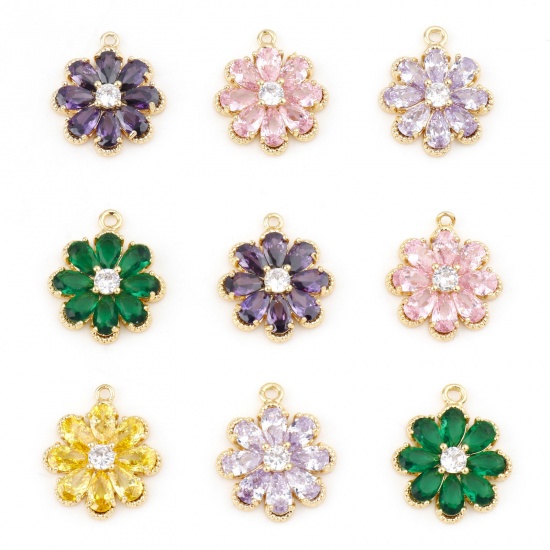 Picture of Copper Charms Flower Real Gold Plated Micro Pave Multicolour Cubic Zirconia 17mm x 14mm