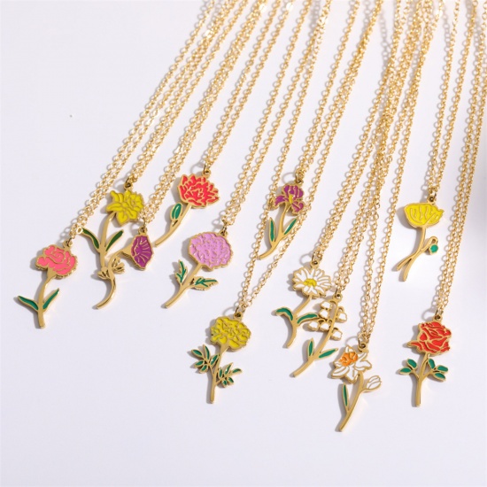 Immagine di Hypoallergenic Sweet & Cute Birth Month Flower 18K Gold Plated Multicolor 316 Stainless Steel Rolo Chain Enamel Pendant Necklace For Women Birthday 40cm(15 6/8") long