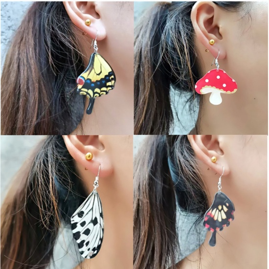 Picture of Acrylic Insect Ear Wire Hook Earrings Silver Tone Multicolor Butterfly Animal Wing