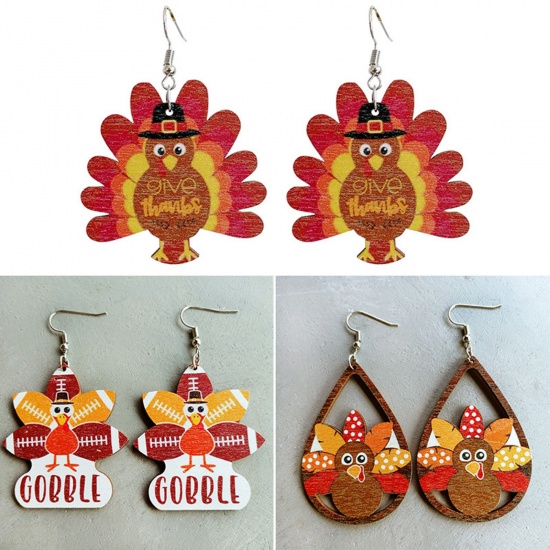 Picture of Wood Retro Ear Wire Hook Earrings Silver Tone Multicolor Thanksgiving Turkey Animal