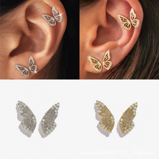 Picture of Copper Insect Ear Post Stud Earrings Butterfly Animal Clear Rhinestone 1.2cm x 0.6cm