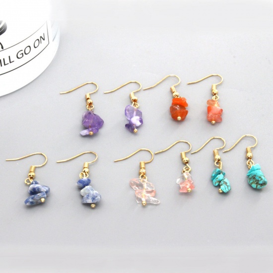 Picture of Stone Boho Chic Bohemia Ear Wire Hook Earrings Gold Plated Multicolor Chip Beads Imitation Gemstones 2cm x 0.5cm