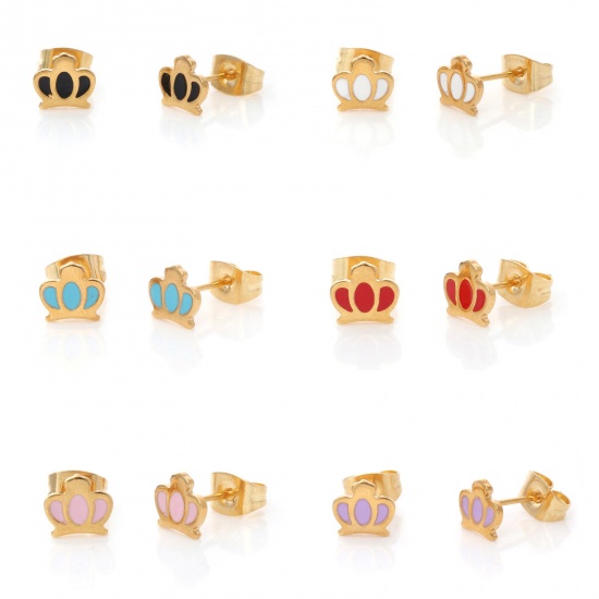 Picture of 316 Stainless Steel Stylish Ear Post Stud Earrings Gold Plated Multicolor Crown Enamel 6.4mm x 7mm