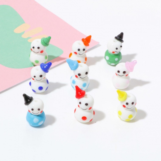 Picture of Lampwork Glass Cute Beads Christmas Snowman Multicolor 3D About 23mm x 15mm