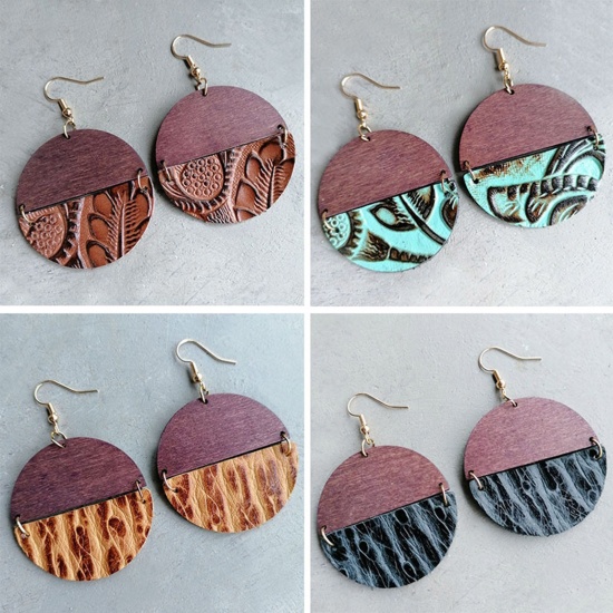 Picture of Wood & Real Leather Boho Chic Bohemia Ear Wire Hook Earrings Silver Tone Multicolor Round Texture 5.8cm x 4cm