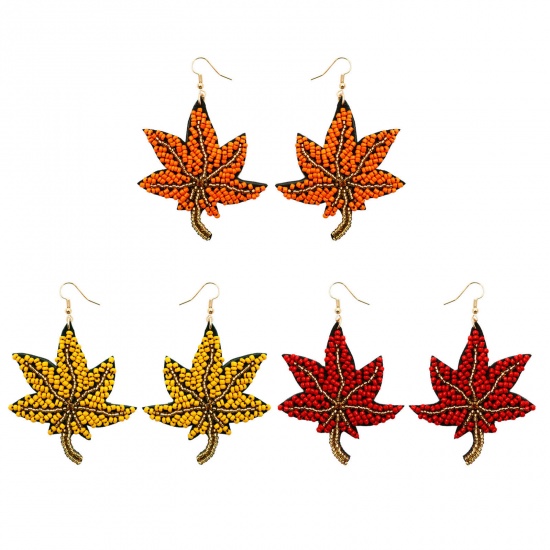 Picture of Acrylic Retro Ear Wire Hook Earrings Gold Plated Multicolor Maple Leaf Beaded