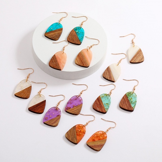 Picture of Resin Wood Effect Resin Ear Wire Hook Earrings Gold Plated Multicolor Geometric Splicing