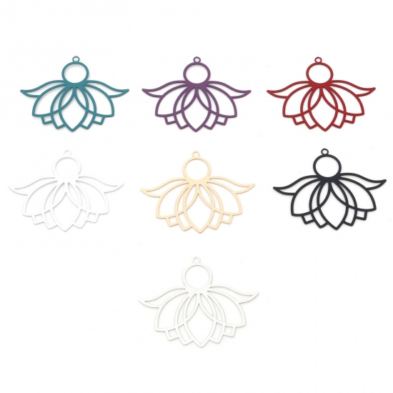 Picture of Iron Based Alloy Filigree Stamping Pendants Multicolor Lotus Flower Painted 3.9cm x 3.1cm