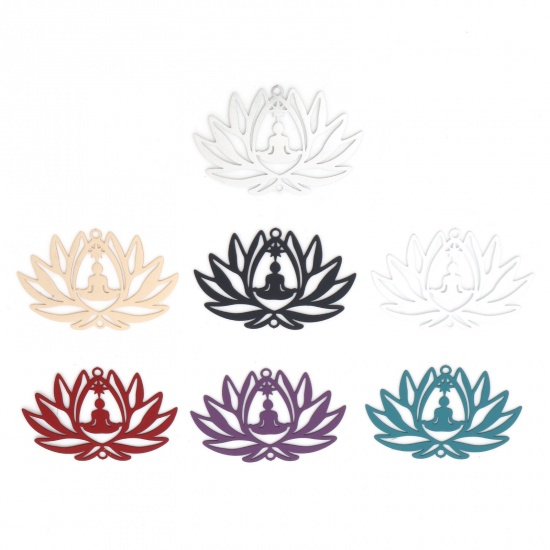 Picture of Iron Based Alloy Filigree Stamping Connectors Lotus Flower Multicolor Buddha Statue Painted 3.8cm x 2.6cm
