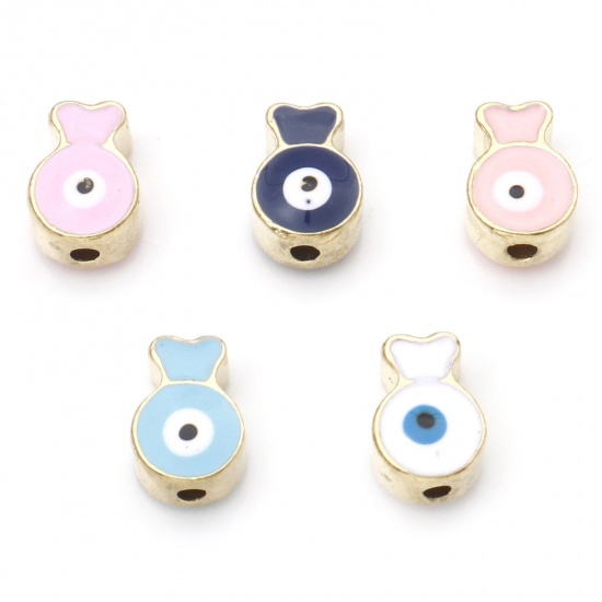 Picture of Zinc Based Alloy Religious Spacer Beads Gold Plated Multicolor Fish Animal Evil Eye Enamel About 10mm x 7mm