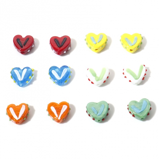 Picture of Lampwork Glass Valentine's Day Beads Heart Multicolor Dot About 17mm x 15mm