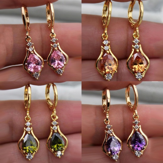 Picture of Copper Stylish Earrings Gold Plated Drop Multicolour Cubic Zirconia 3.2cm x 0.9cm