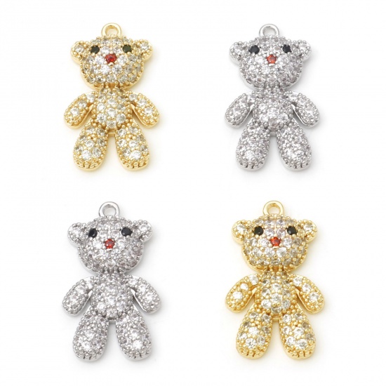 Picture of Copper Micro Pave Charms Bear Animal Real Gold Plated Clear Cubic Zirconia 26mm x 15mm