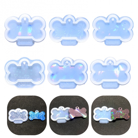 Picture of Silicone Resin Mold For Jewelry Making Dog Animal Bone Pendant White Holographic Laser 7.2cm x 5.7cm