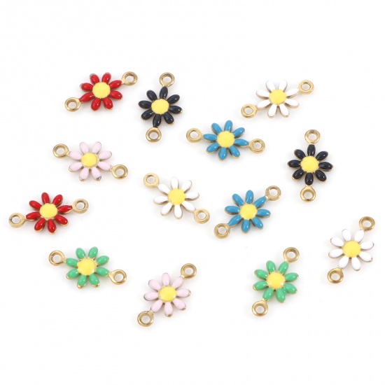 Picture of 304 Stainless Steel Connectors Gold Plated Daisy Flower Enamel 13mm x 7.5mm