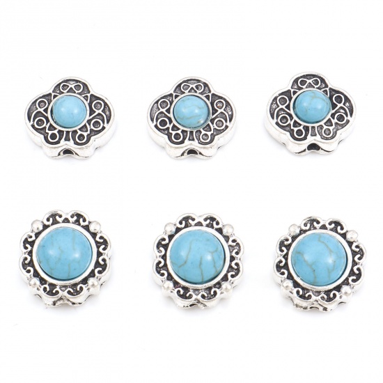 Picture of Zinc Based Alloy Boho Chic Bohemia Spacer Beads Antique Silver Color Carved Pattern With Resin Cabochons Imitation Turquoise
