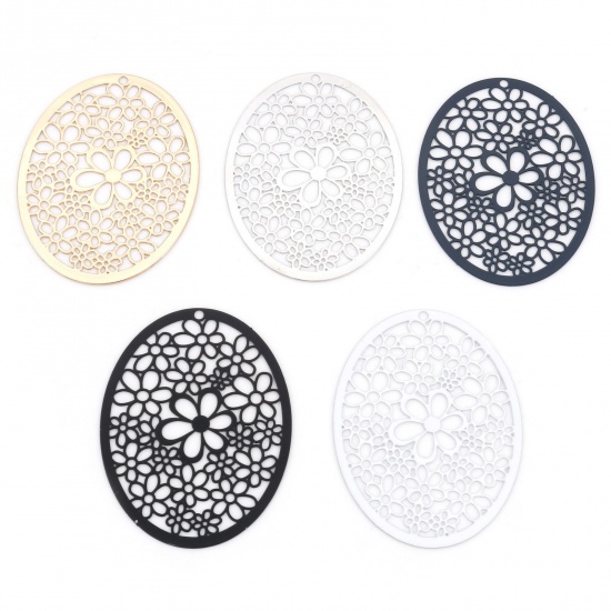 Picture of Iron Based Alloy Filigree Stamping Pendants Multicolor Oval Flower Hollow 4.9cm x 3.7cm