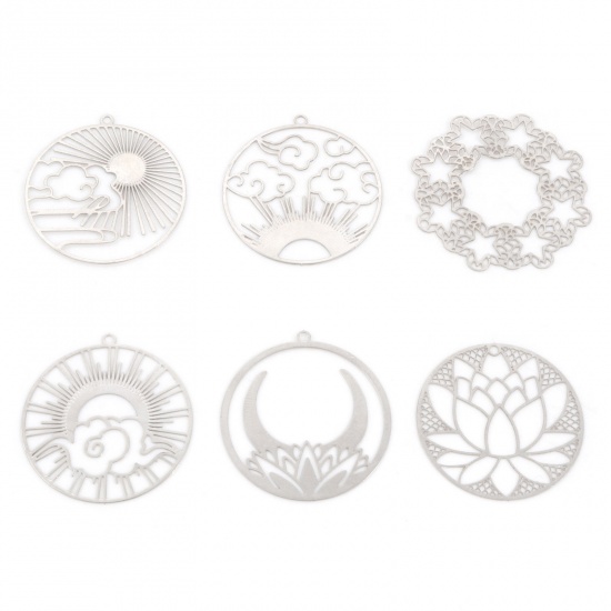 Picture of Iron Based Alloy Filigree Stamping Pendants Silver Tone Sun Lotus Flower Hollow
