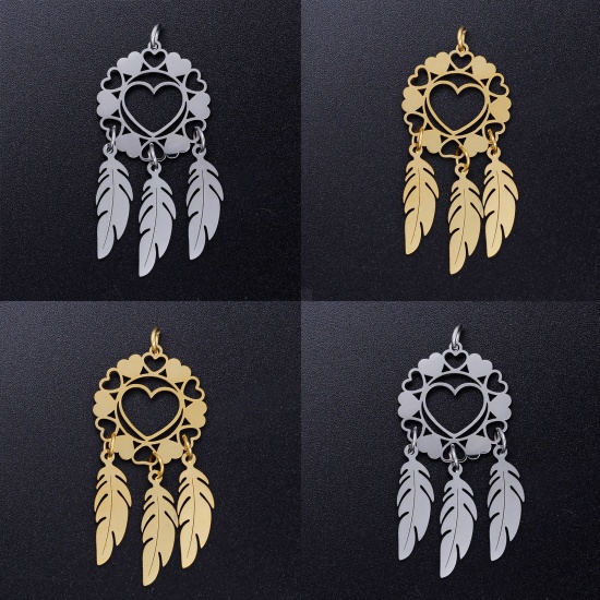 Picture of 201 Stainless Steel Dream Catcher Pendants Round Filigree 48mm x 20mm