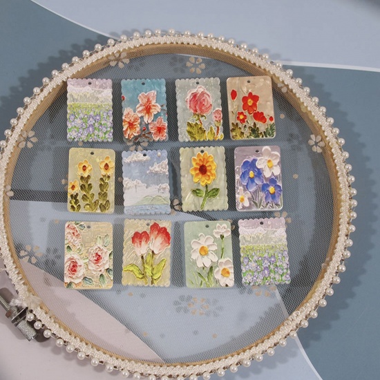 Picture of Acrylic Pendants Rectangle Multicolor Flower 3.6cm x 2.5cm