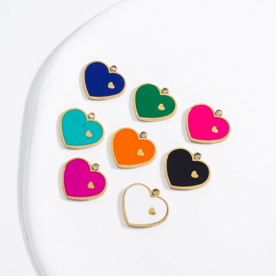 Picture of 304 Stainless Steel Charms Gold Plated Heart Enamel 12mm x 11.5mm, 1 Piece