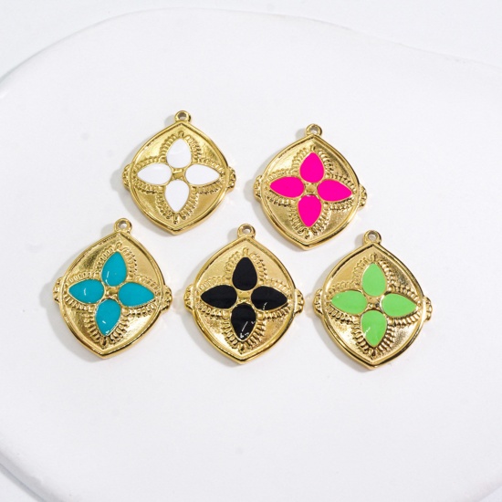 Picture of 304 Stainless Steel Charms Gold Plated Oval Flower Leaves Enamel 23mm x 27.5mm, 1 Piece