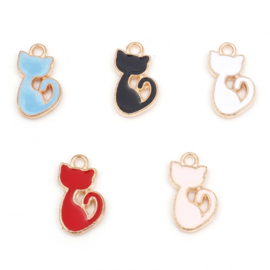 Picture of Zinc Based Alloy Charms Gold Plated Multicolor Cat Animal Enamel 15mm x 8mm