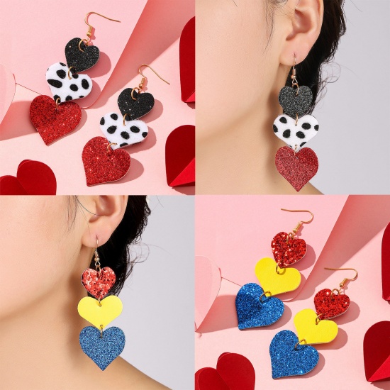 Picture of PU Leather Valentine's Day Earrings Multicolor Tassel Heart Sequins