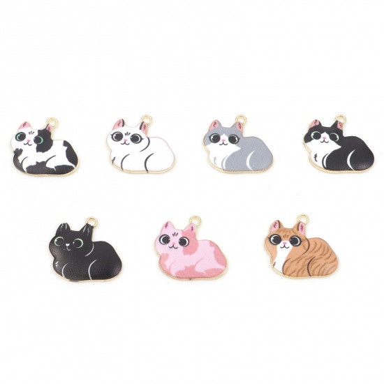 Picture of Zinc Based Alloy Charms Gold Plated Multicolor Cat Animal Enamel 23mm x 22mm
